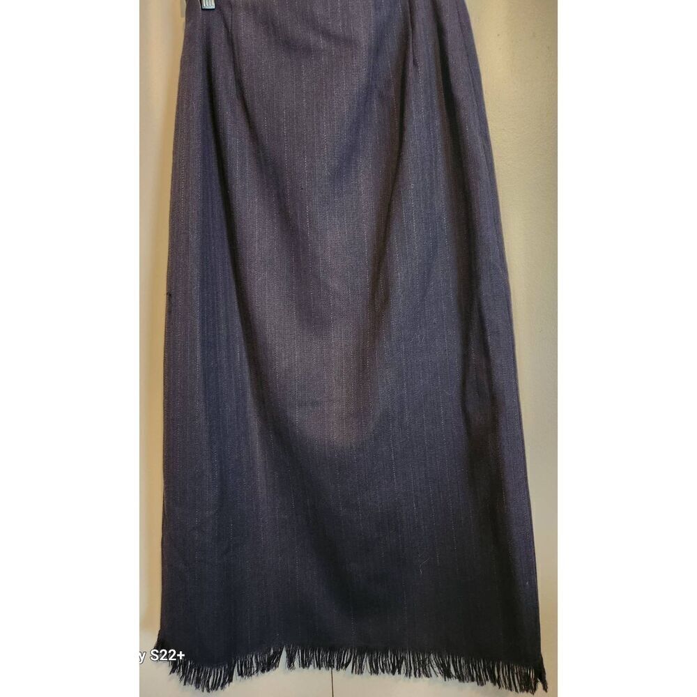 K33 Harve Benard straight lined long gray pinstripe wool fringed dress skirt